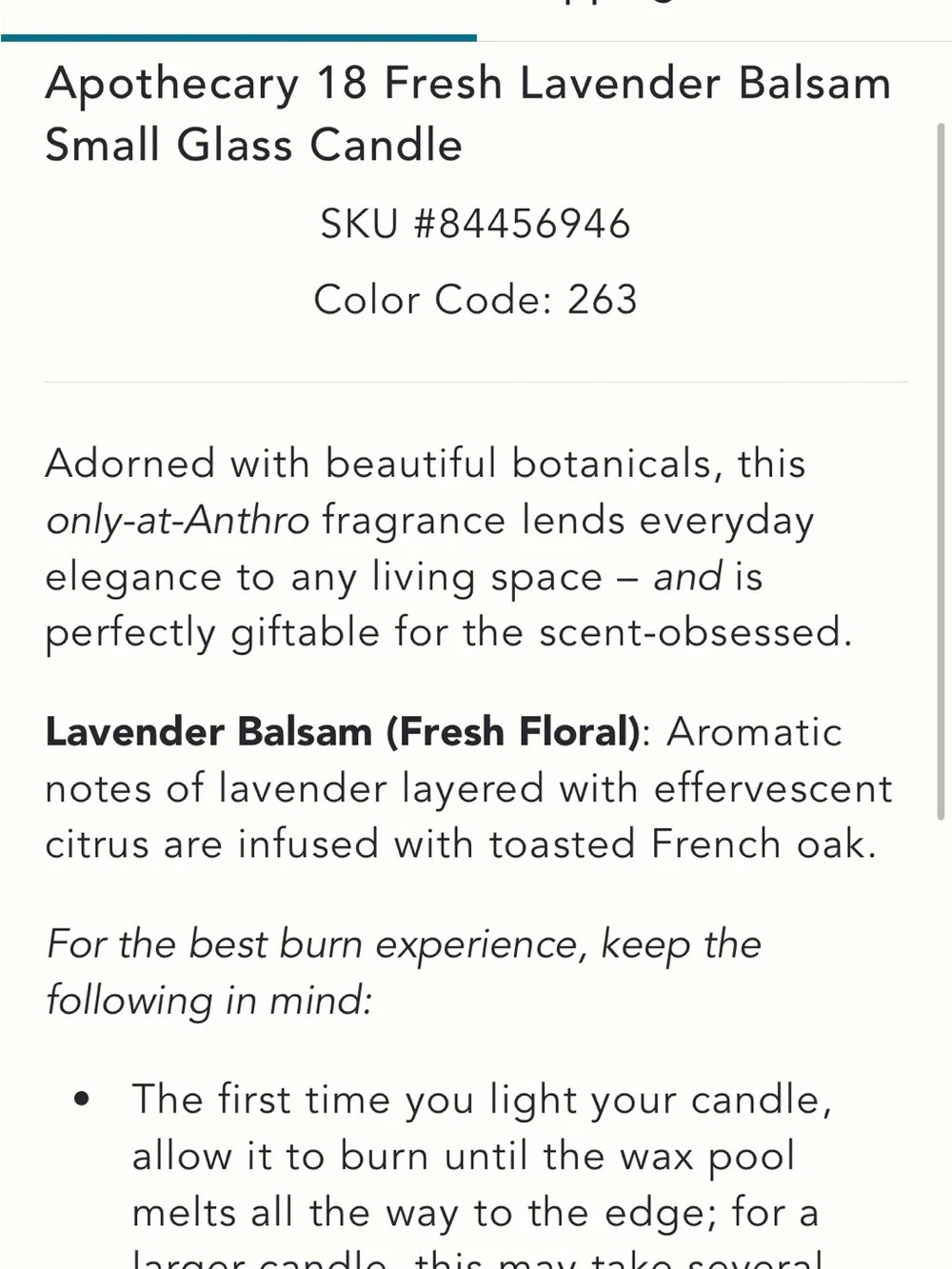 Anthropologie Apothecary 18 Lavender Balsam Candle